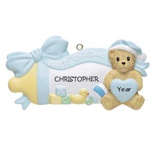 Blue Baby Bottle W/Bear 1st Christmas Personalised Christmas Ornament