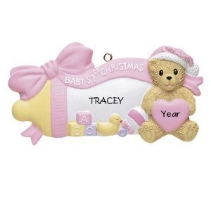 Pink Baby Bottle W/Bear1st Christmas Personalised Christmas Ornament