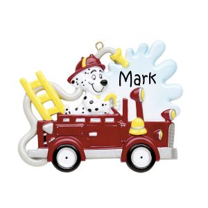 Dog In Firetruck Personalised Christmas Ornament