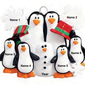 Penguins Making Snowman Family 6 Personalised Christmas Ornament
