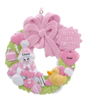 Baby’s 1st Christmas Pink Wreath Personalised Christmas Ornament