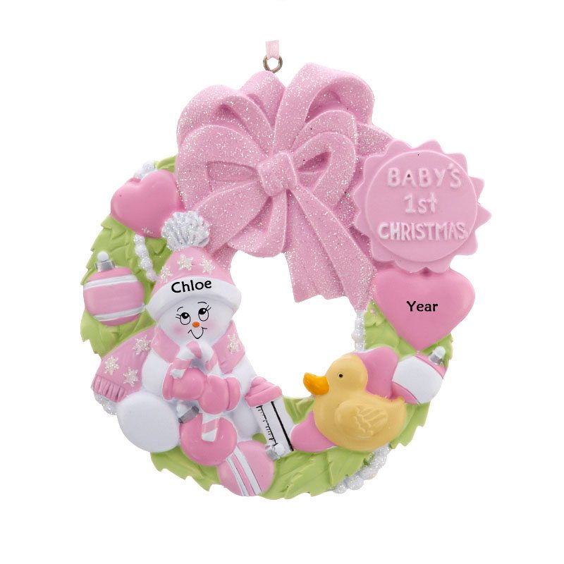 Baby’s 1st Christmas Pink Wreath Personalised Christmas Ornament