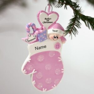 Baby Mitten Pink Glitter Personalised Christmas Ornament