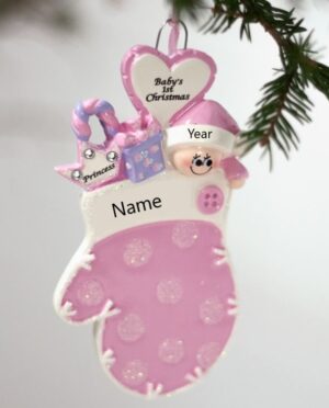 Baby Mitten Pink Glitter Personalised Christmas Ornament