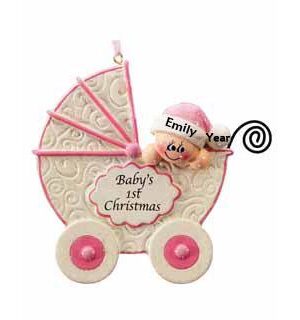 Baby In Pram Baby’s 1st Christmas Pink Personalised Christmas Ornament