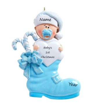 Baby’s 1st Christmas Blue Boot Personalised Christmas Ornament