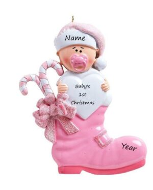 Baby’s 1st Christmas Pink Boot Personalised Christmas Ornament